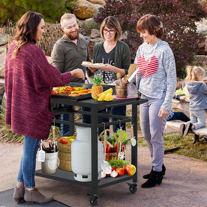 32"x 20" Stainless Steel Outdoor Grill Table, Movable Grill Cart, Outdoor Kitchen Island Prep Stand Station, Pizza Oven Table, Grill Stand Fits Griddle 17" 22", Rolling Bar Cart with 5 Utensil Hooks