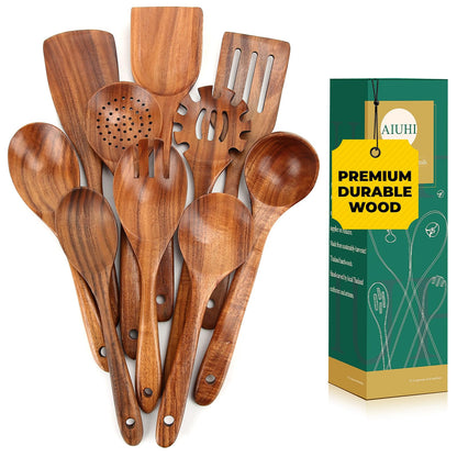 AIUHI Teak Wooden Utensil Set of 10, Wooden Utensils for Cooking, Non Stick Kitchen Spatula Set for Cooking, Serving