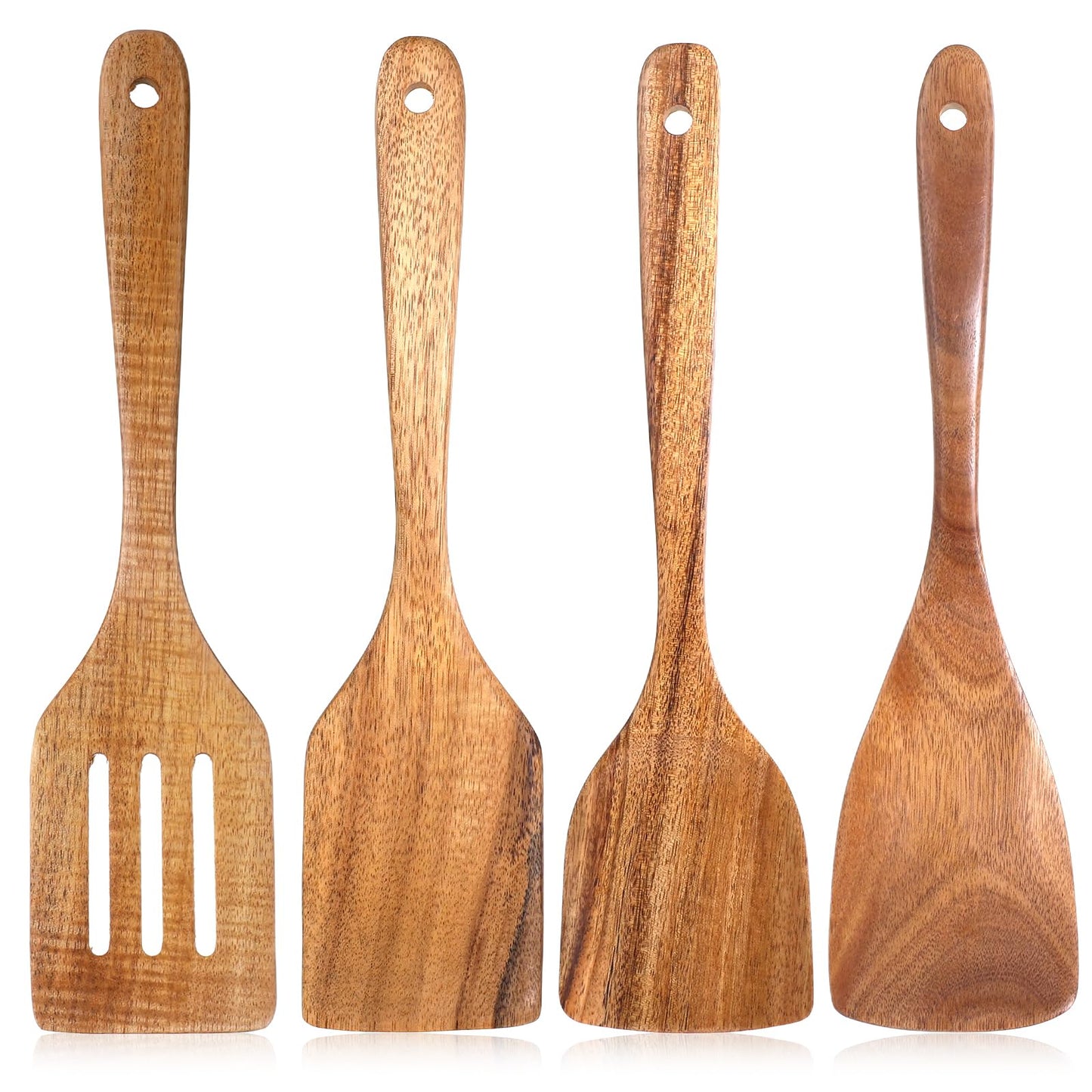 Wood Spatula for Cooking, 4 Pcs Natural Acacia Wood Kitchen Cooking Utensils Set for Nonstick Frying Pan, Slotted Turner Thin Flat Spurtle Scraper Spoons for Baking Mixing Scraping Fish Egg Flipper