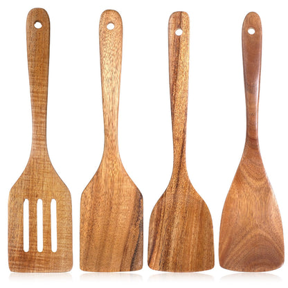 Wood Spatula for Cooking, 4 Pcs Natural Acacia Wood Kitchen Cooking Utensils Set for Nonstick Frying Pan, Slotted Turner Thin Flat Spurtle Scraper Spoons for Baking Mixing Scraping Fish Egg Flipper