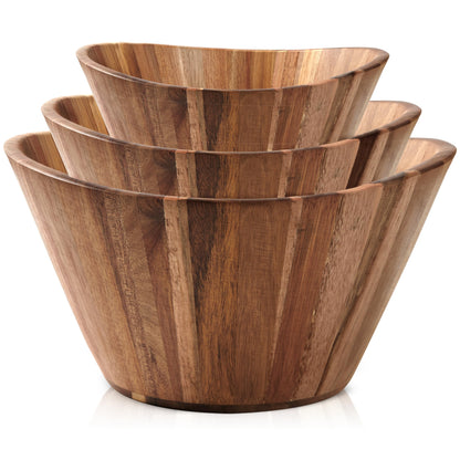 Wooden Salad Bowl Set, Salad Bowls Set of 3 - Wavy Design Salad Bowl Set for Serving, Handmade, Durable and Stylish Natural Wood Dining Accessory by Woodenhouse