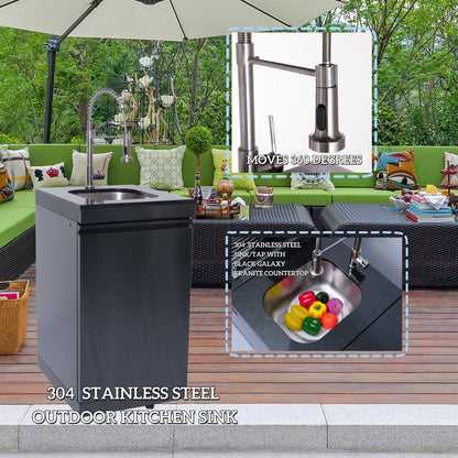 43IN 6-Burner Gas Outdoor Kitchen Island Grill with 85000 BTU Output, Rotisserie Kit, Stainless Steel Sink, Granite Countertops, Modular BBQ Wash Storage Zones, Refrigerator and Double Grill (Black)