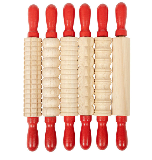 READY 2 LEARN Mini Textured Wooden Rolling Pins - Set of 6-7.25 inches - Turning Handles - Rollers for Kids' Dough, Crafts, Imaginative Play