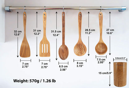 StarBlue Acacia Wooden Utensils Set 6 Pcs - Non-Scratching Durable Natural Wood Cooking Spatulas & Spoons for Nonstick Cookware with Holder