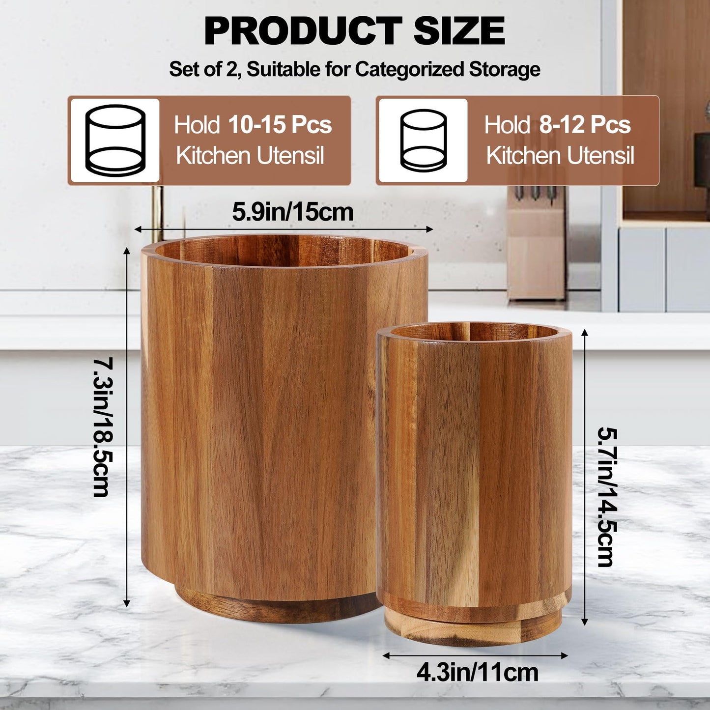 Wooden Utensil Holder for Kitchen Counter,360° Rotating Kitchen Utensil Holder,7.3"+5.7" Spatula Holder for Counter,Large Cooking Utensil Crock Natural Rustic Appearance for Home Decor,Set of 2