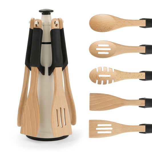 Chef's Path Wooden Cooking Utensils Set – 5-Piece Beech Wood Kitchen Utensils Set with Silicone Spoon Rest, Wooden Spatula, Serving Spoon, Wooden Spoons for Cooking & Rotating Utensil Holder, Black