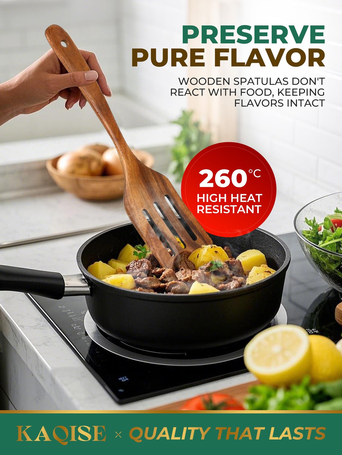 KAQISE Wooden Spatulas for Cooking, Teak Wood Kitchen Utensils Set, Natural Cooking Utensils Set, Flat Wooden Spatulas and Slotted Spatula Set (2Pcs)