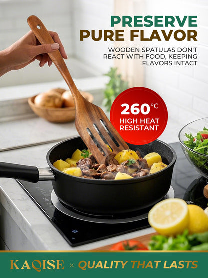 KAQISE Wooden Spatulas for Cooking, Teak Wood Kitchen Utensils Set, Natural Cooking Utensils Set, Flat Wooden Spatulas and Slotted Spatula Set (2Pcs)