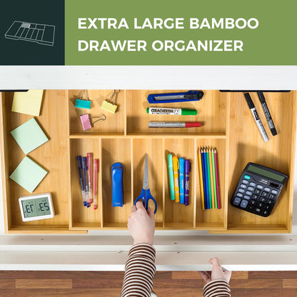 VaeFae Extra Large Kitchen Utensil Holder, Bamboo Silverware Drawer Organizer, Expandable Cutlery Organizer with Knife Block, Multifunctional Wooden Drawer Divider
