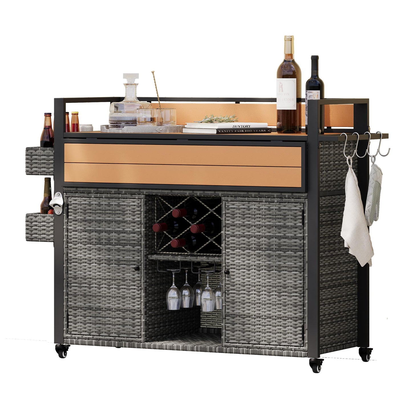 52.8" Wicker Outdoor Grill Cart with Extended Plastic Wood Table Top, Rolling Kitchen Island Cart with Storage Cabinet for Patio Backyard Garden Poolside, Rattan Bar Table with Double Handle, Gray