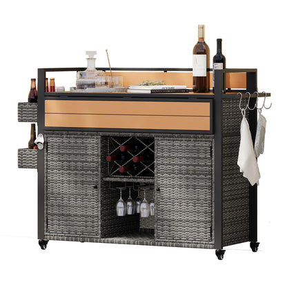 52.8" Wicker Outdoor Grill Cart with Extended Plastic Wood Table Top, Rolling Kitchen Island Cart with Storage Cabinet for Patio Backyard Garden Poolside, Rattan Bar Table with Double Handle, Gray