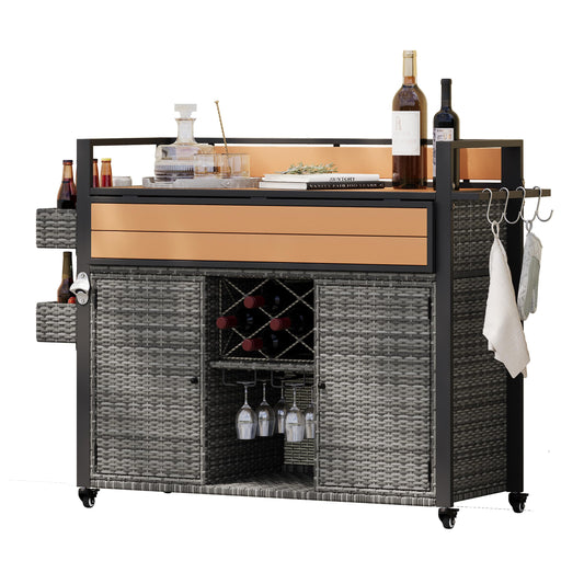 52.8" Wicker Outdoor Grill Cart with Extended Plastic Wood Table Top, Rolling Kitchen Island Cart with Storage Cabinet for Patio Backyard Garden Poolside, Rattan Bar Table with Double Handle, Gray