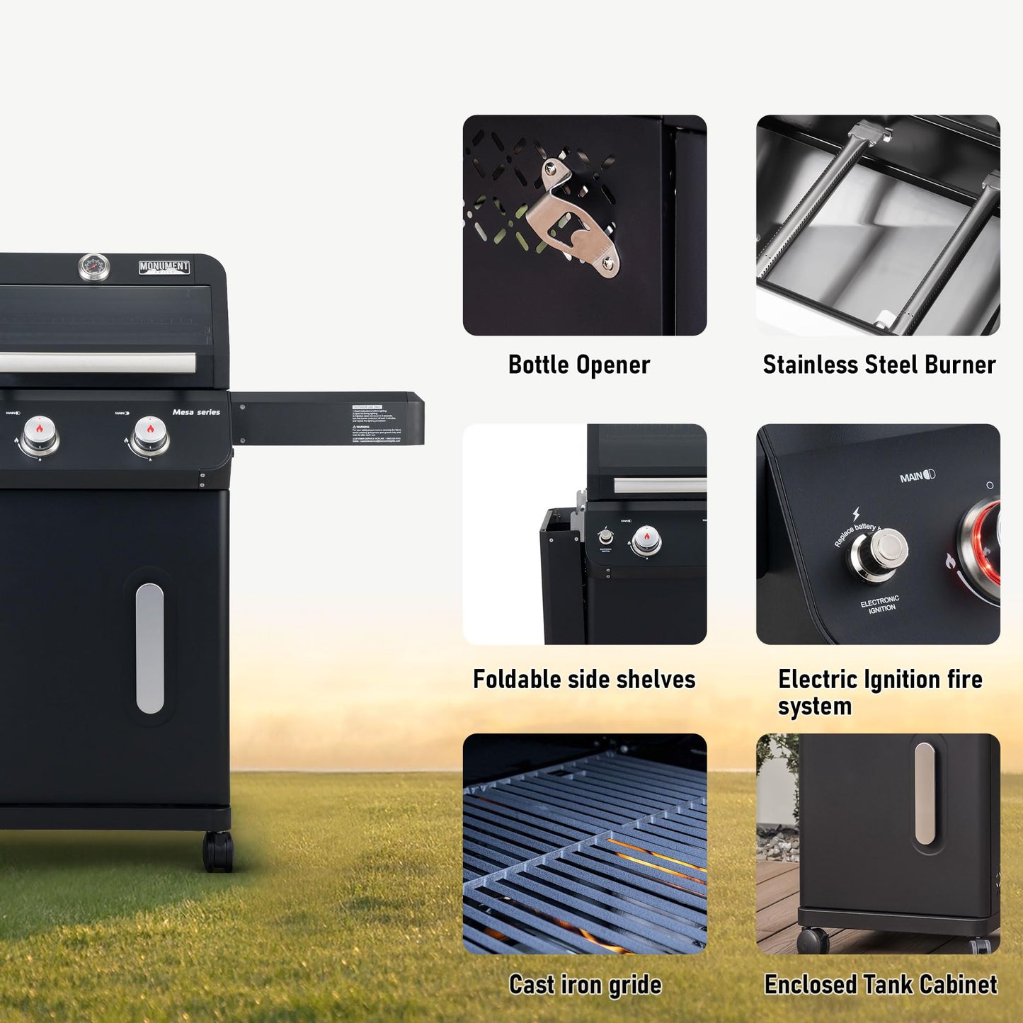 Monument Grills 2-Burner Stainless Steel Liquid Propane Gas Grill, Two Foldable Shelves Patio Garden Barbecue Grill with Clearview® Lid, Knob Control Mesa220, Black