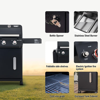 Monument Grills 2-Burner Stainless Steel Liquid Propane Gas Grill, Two Foldable Shelves Patio Garden Barbecue Grill with Clearview® Lid, Knob Control Mesa220, Black