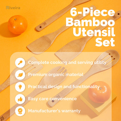 Riveira Bamboo Wooden Spoons for Cooking 6-Piece, Apartment Essentials Wood Spatula Spoon Nonstick Kitchen Utensil Set Premium Quality Housewarming Gifts for Everyday Use