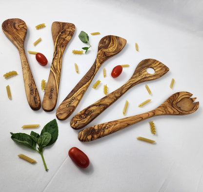 OLIVIKO 100% Olive Wood HAND MADE 5 Spoon Set | Ideal for Nonstick Cookware & Kitchen Utensils | Cooking, Baking & Serving | Eco-friendly & Handmade | 1 Spatulas & 4 Spoons (12-inches)…