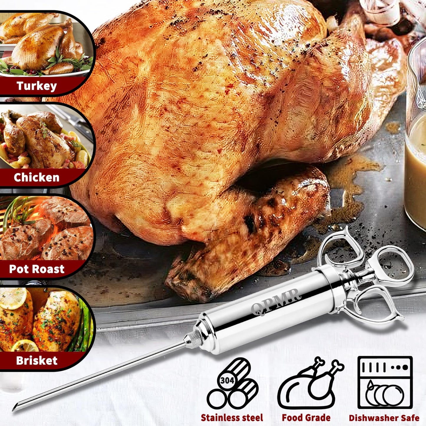 QPMR Meat Injector Syringe Kit, 2-oz Large Capacity Marinade Turkey Injector with 3pcs Stainless Steel Marinade Injector Needles for BBQ Grill Smoker & Turkey & Brisket