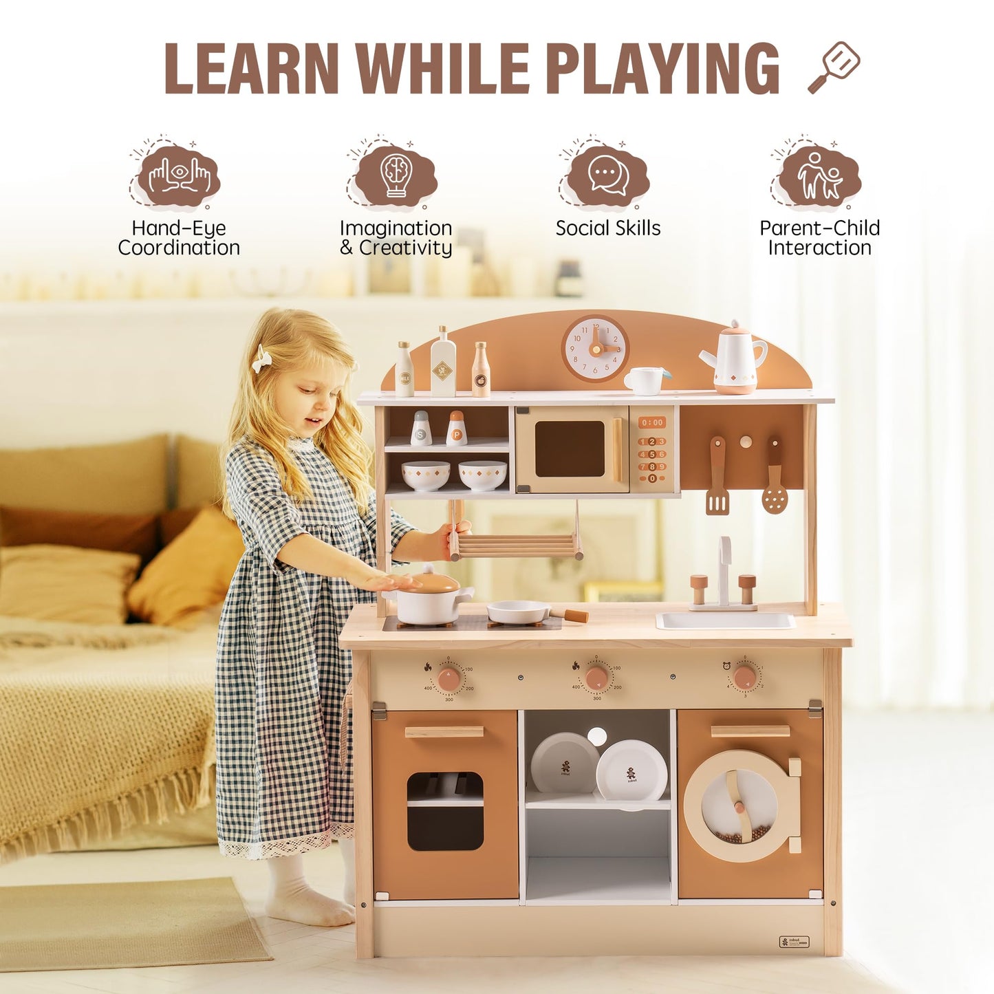 ROBUD Wooden Play Kitchen for Kids Toddlers, Kids Kitchen Playset with Realistic Accessories, Toy Kitchen Set with Plenty of Play Features, Modern Style Toy Kitchen for Girls & Boys, 3+, Caramel