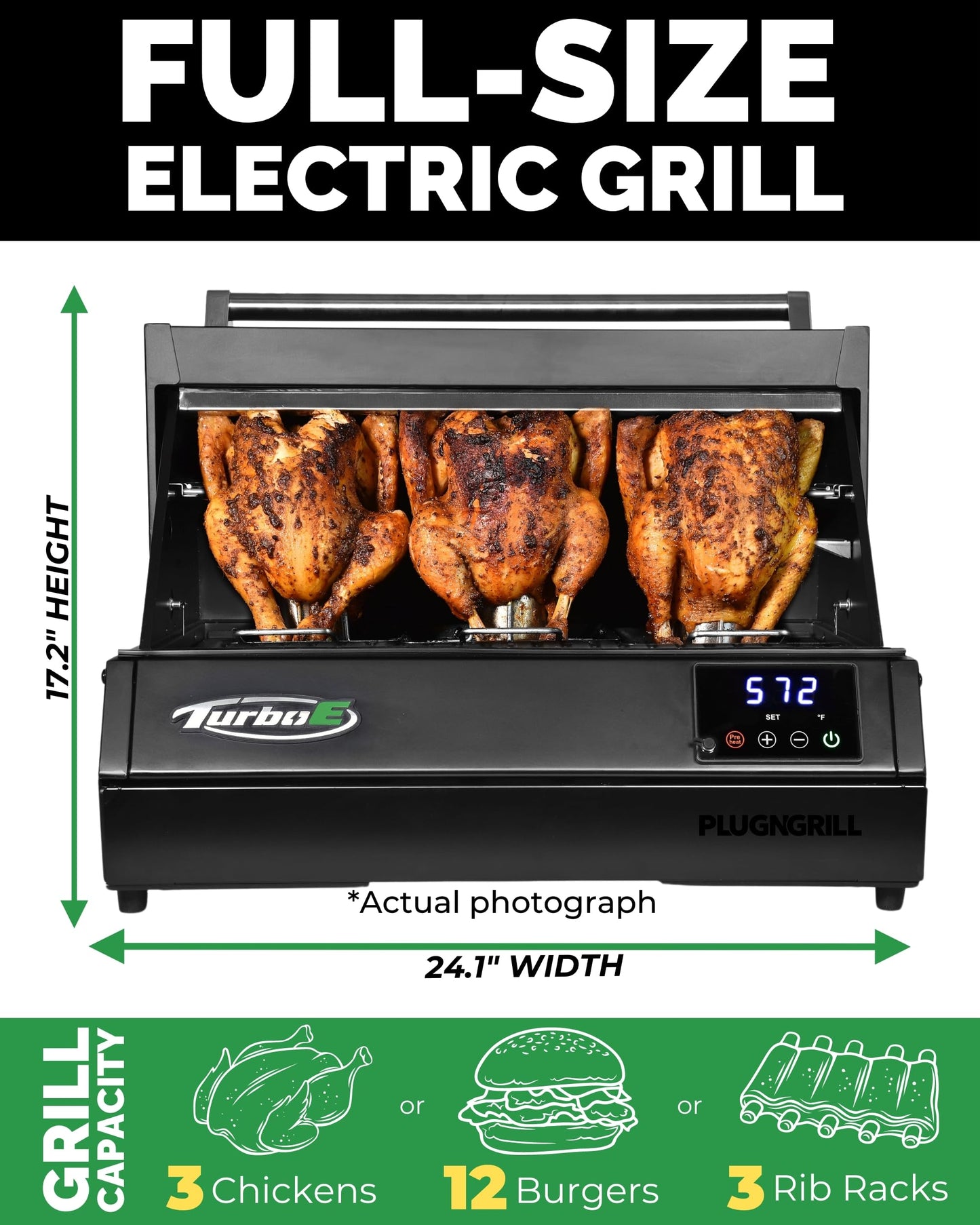 Turbo E Outdoor Electric Grill by PLUGNGRILL - High-Power 1700W Infrared Grill Technology - 24-Inch Smart BBQ Grill with Probe & Digital Display for Precise Cooking & Searing (Turbo E)