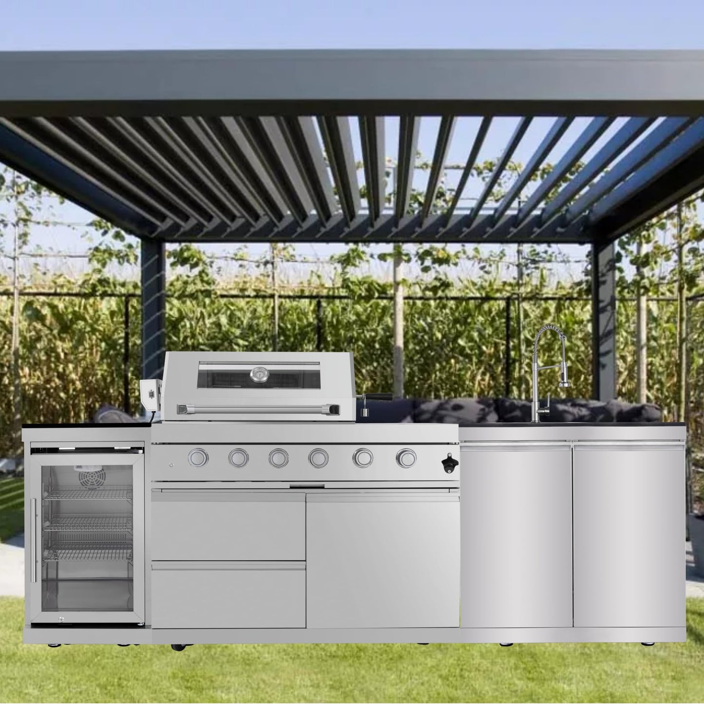 104in Oversized Modular Outdoor Kitchen Bar, 4 Burner 72000 BTU Deluxe Stainless Steel Gas Barbecue Island Kitchen for Backyard w BBQ Grill, Refrigerator, Rotisserie Kit, Countertops, Cabinets, Sink