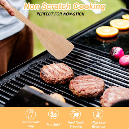 Wanmu 2 Pcs Wooden Spatulas for Cooking, 13 Inches Flat Beech Turner, Wooden Cooking Utensils, Long Handle Scraper, Non Scratch Wok Spatula for Kitchen Non Stick Cookware