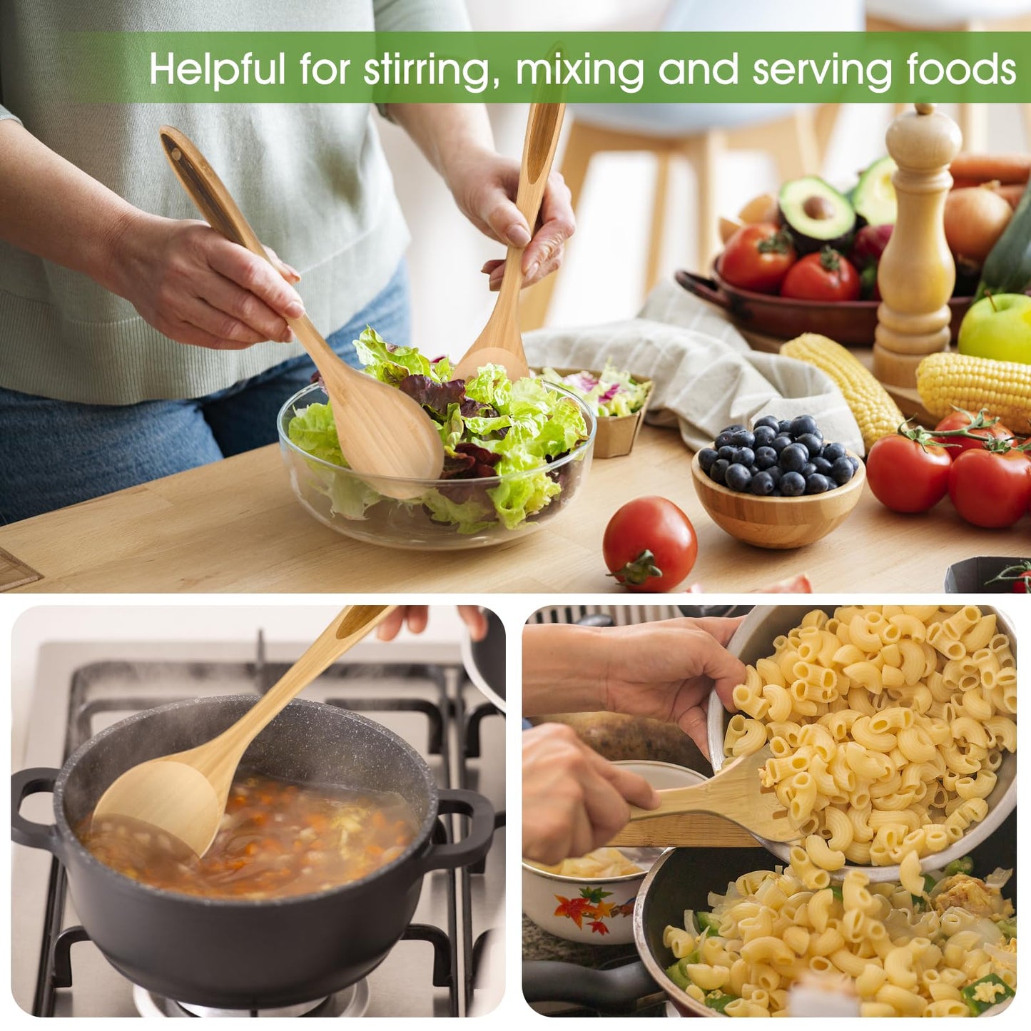 LorisArm Slotted Cooking Spoon, 12.5" Large Bamboo Serving Spoons for Mixing Stirring draining, Wood Slotted Spoon for Nonstick Kitchen Utensils Tableware Wooden Scoop Spoon.