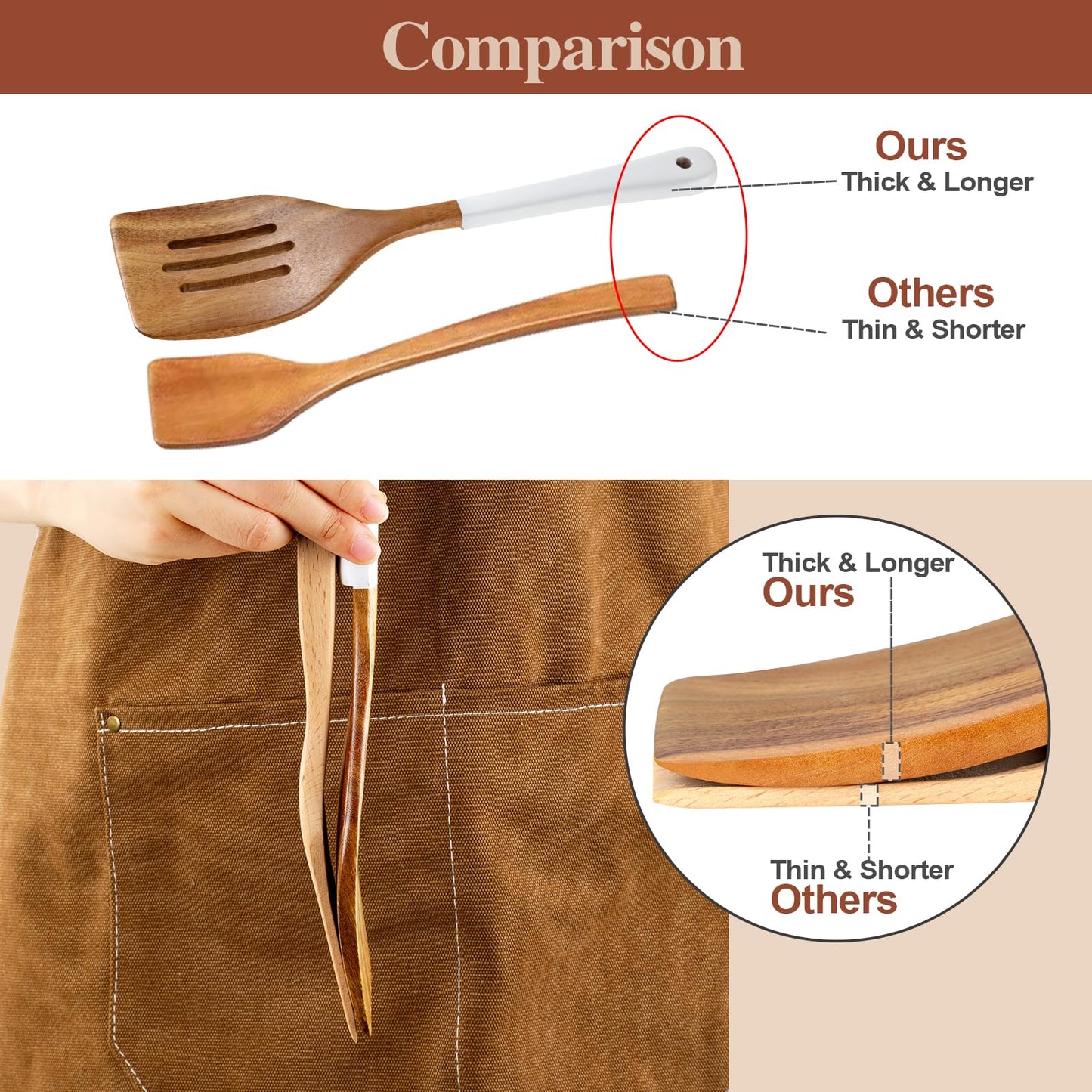 ROSOS Wooden Spoons For Cooking, 6 Pieces Natural Acacia Wooden Cooking Utensils or Non-Stick Wood Kitchen Utensil Set for Kitchen Essentials, Wooden Cooking Utensils Set with Hanging Hole, White