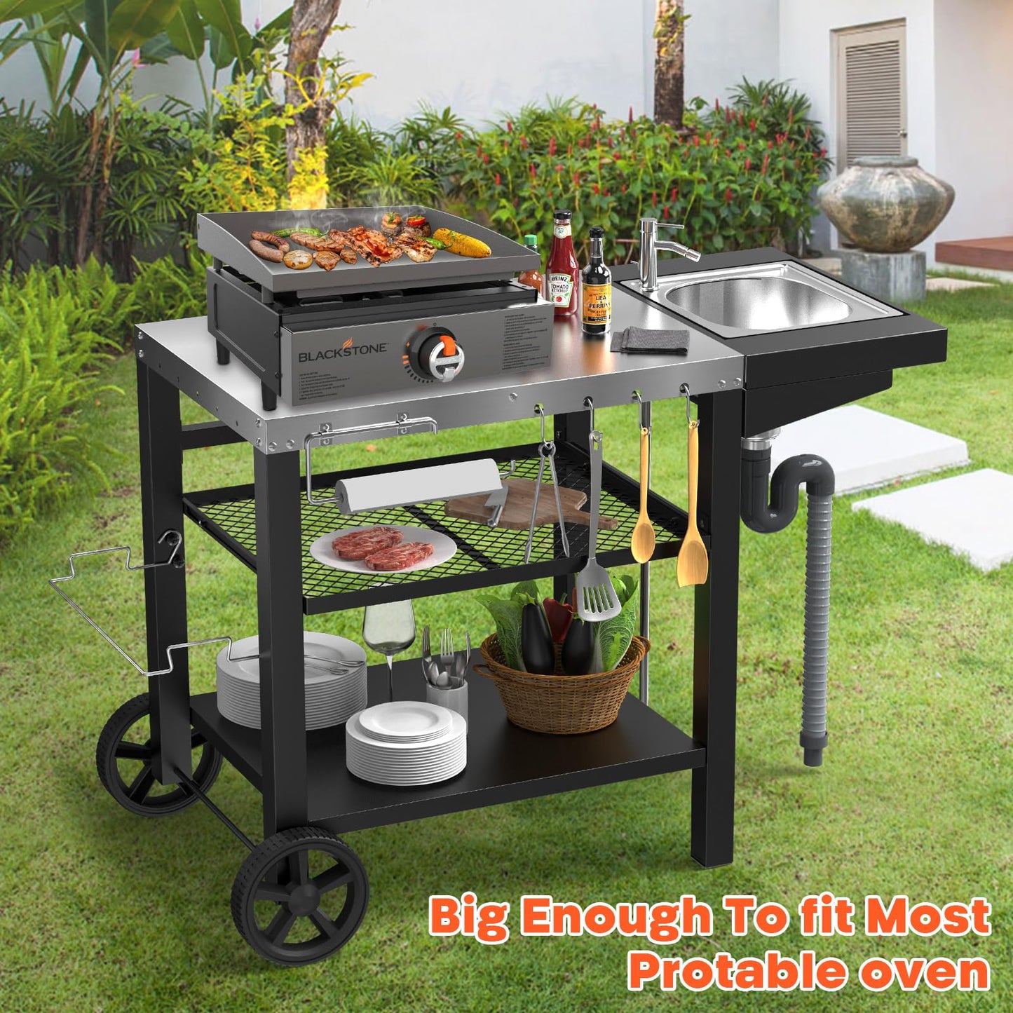 Outdoor Grill Table with Sink, Pizza Oven Cart with Drawer & Wheels, Movable 3 Shelf Food Prep Table for Ninja Woodfire, Blackstone Griddle Stand, Ooni Pizza Oven, Cuisinart, Cooking Station