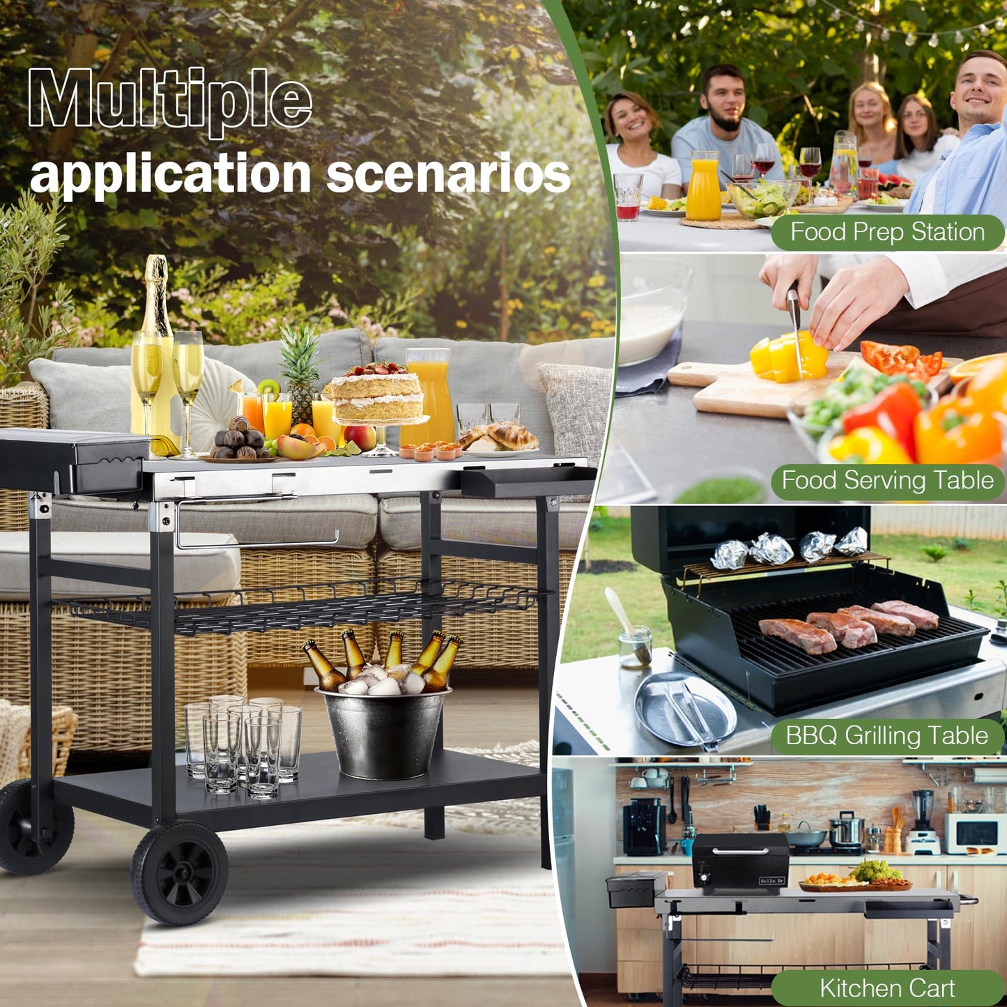 Pittazero Outdoor Grill Cart, 500lb Dining Cart Table with Three-Shelf, Stainless Steel Rolling Movable Food Prep and Work Table