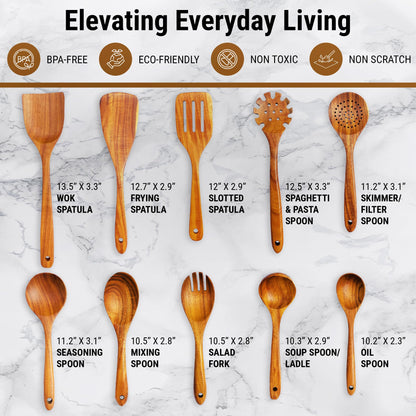 Premium Wooden Spoons for Cooking, 10 Pcs Wooden Cooking Utensils Set - Wooden Utensil Set for Nonstick Pans & Cookware - Sturdy, Lightweight & Heat Resistant