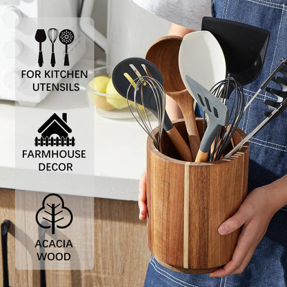 LOHONER Acacia Wood Utensil Holder for Kitchen Counter, 360° Rotating 7.2" Wooden Cooking Utensil Crock for Countertop, Farmhouse Kitchen Decor