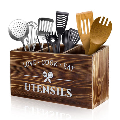 MINCORD Brown Utensil Holder Rustic Wood Utensil Caddy Crocks with 3 Compartments for Kitchen Counter, Farmhouse Flatware Organizer Storage Box for Silverware Fork Spoon Spatula