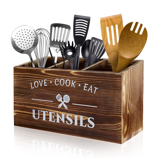 MINCORD Brown Utensil Holder Rustic Wood Utensil Caddy Crocks with 3 Compartments for Kitchen Counter, Farmhouse Flatware Organizer Storage Box for Silverware Fork Spoon Spatula
