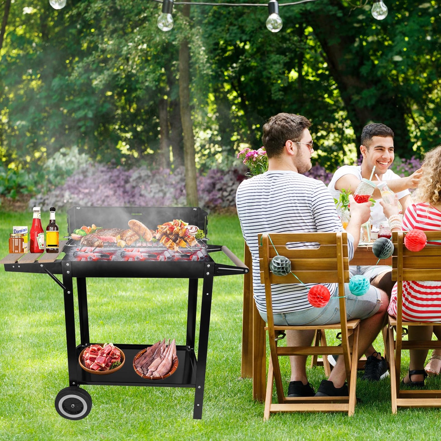 gzcmxh Charcoal Grill: Outdoor cooking Charcoal with side wood board - Charcoal Grill with Wheel and Handle for Outdoor, Camping (black)