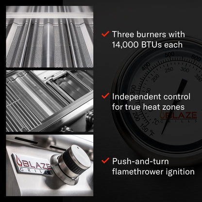 Blaze Prelude LBM Built-in Natural Gas Grill | 25-Inch 3-Burner BBQ with 42,000 BTUs | 304 Stainless Steel Construction | Flame Stabilizing Grids BLZ-3LBM-NG