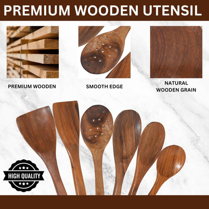 Wooden Cooking Spoons – 8 Pcs Teak & Acacia Wood Kitchen Utensil Set with Rotating Holder, Spatulas, Salad Fork, Skimmer, Spoon Rest, Wooden Knife – Nonstick, Heat-Resistant, Natural Utensils