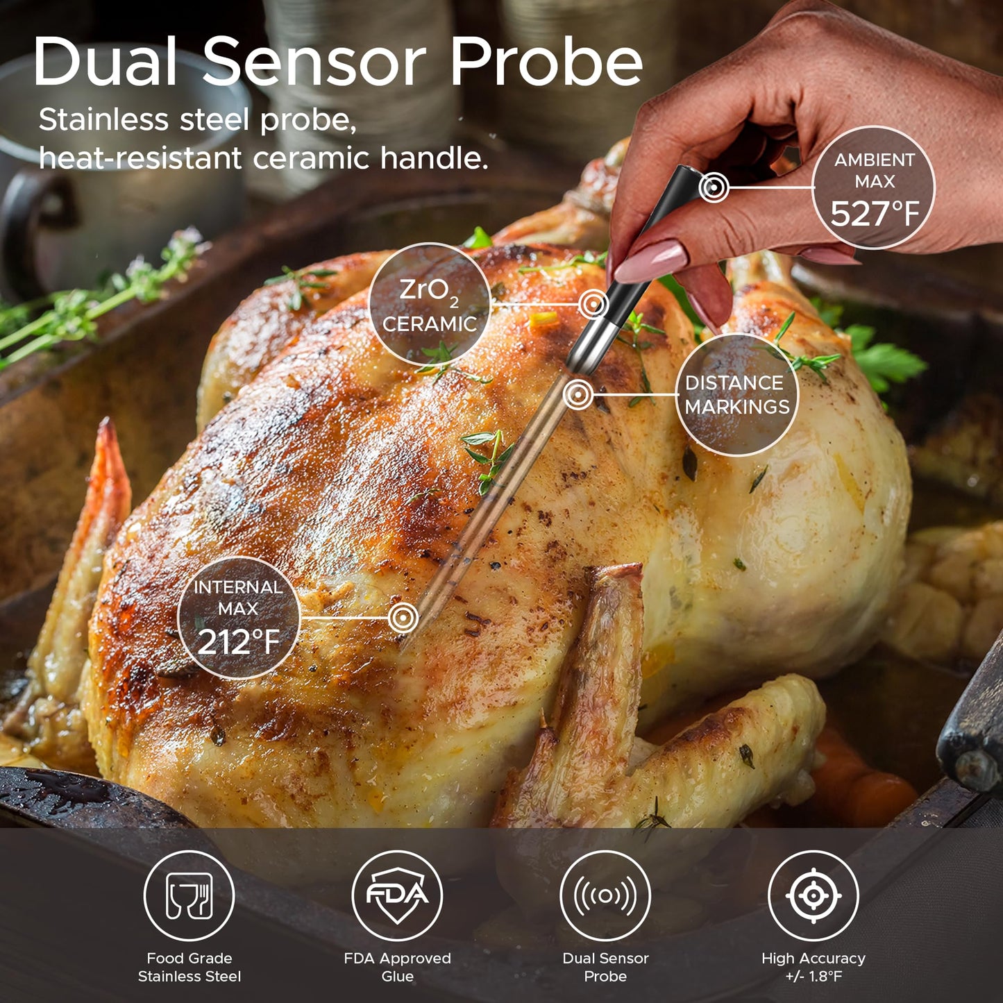 CulinaTech 700FT Wireless Meat Thermometer with LCD Screen, Digital Cooking Food Thermometer for Beef Lamb Turkey, Dual Sensor Measures Internal & Ambient Temp