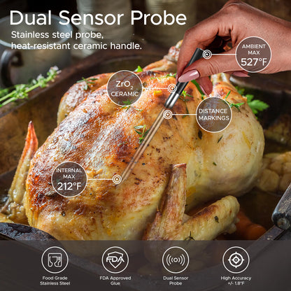 CulinaTech 700FT Wireless Meat Thermometer with LCD Screen, Digital Cooking Food Thermometer for Beef Lamb Turkey, Dual Sensor Measures Internal & Ambient Temp