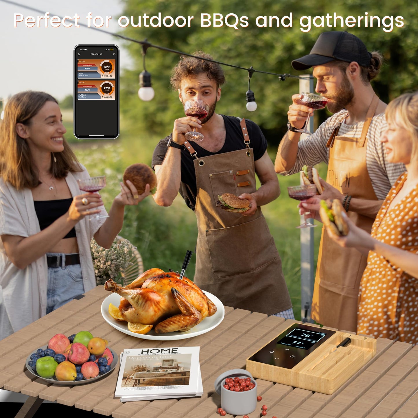 Niitawm Oven Grill Digital Meat Thermometer, Smart Bluetooth Wireless Food Thermometer with Dual Probes, iOS & Android App Thermometer for Long Range Smoker BBQ, Gas Grill, Air Fryer, Cooking Gifts