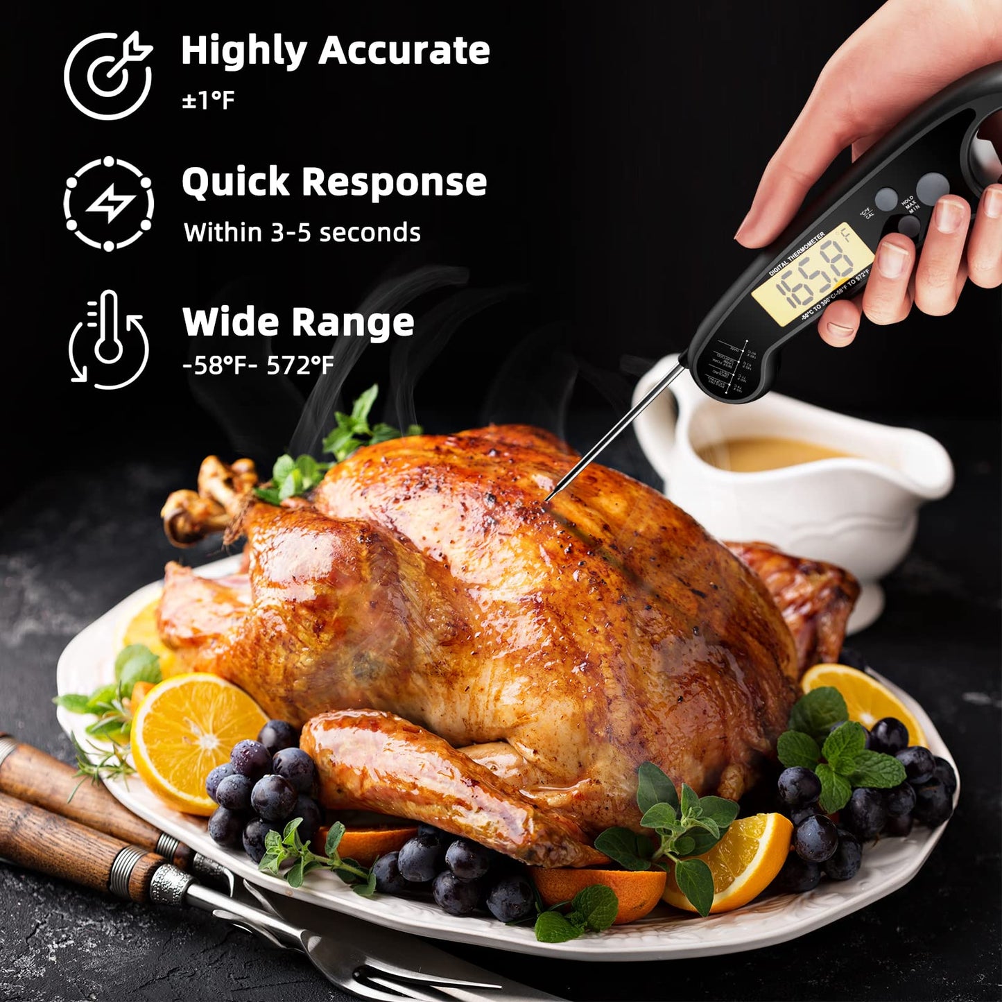Instant Read Meat Thermometer for Grill and Cooking, Fast and Accurate Digital Food Thermometer with Backlit bi-fold Probe for Kitchen ovens, Frying, Candy, Steak