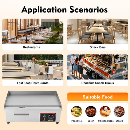 22" Commercial Electric Griddle, 1600W 110V Countertop Flat Top Grill, Stainless Steel Non-stick Teppanyaki Grill, 122-572°F Adjustable Temp Control for Restaurant Kitchens Hotel