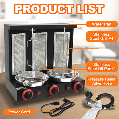 YYUIXUNLI Shawarma Machine Propane Vertical Chicken Rotisserie Broiler with 3 Burners Rotating Kebab Grill Gyro Machine