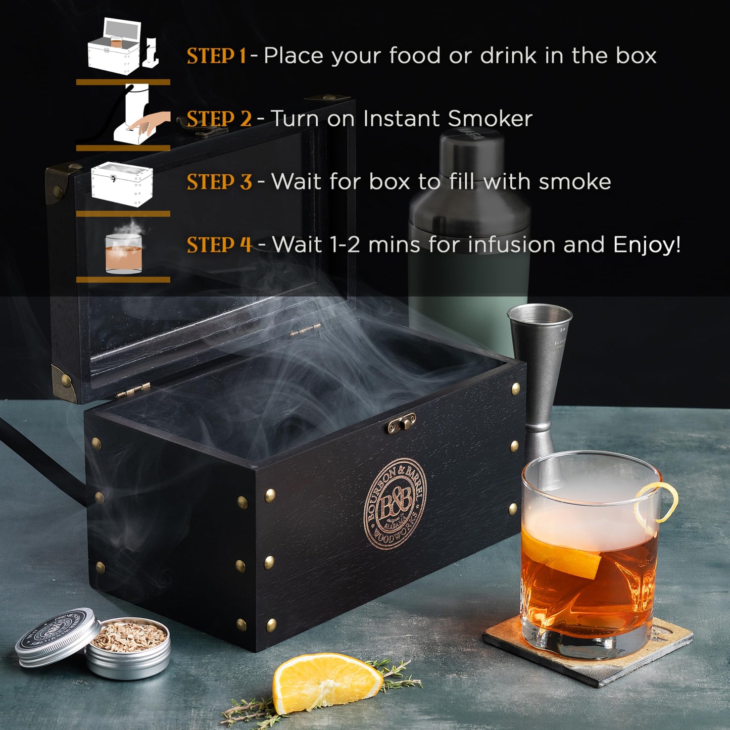 BOURBON & BARREL Cocktail Smoker Kit | Crafted with Walnut Wood | Whiskey Smoker Kit with Instant Smoker, Smoking Box, Food Tray and 4 Varieties of Wood Chips | Old Fashioned Drink Smoker Kit [Black]