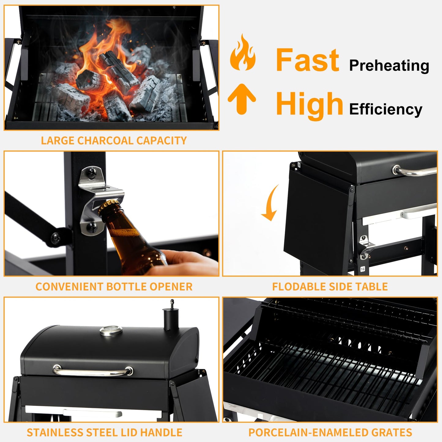 Charcoal Grill with Warming Rack - Porcelain-Coated Cooking Grates, Adjustable Temperature Control, Easy-Clean Ash Pan & Foldable Side Table - Perfect for Backyard BBQs, Tailgating & Camping