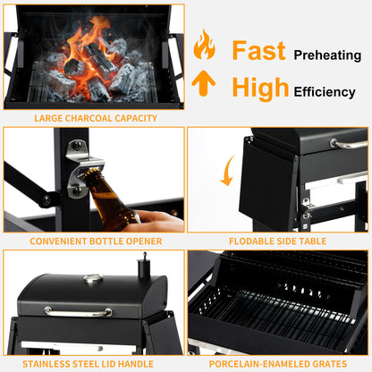Charcoal Grill with Warming Rack - Porcelain-Coated Cooking Grates, Adjustable Temperature Control, Easy-Clean Ash Pan & Foldable Side Table - Perfect for Backyard BBQs, Tailgating & Camping