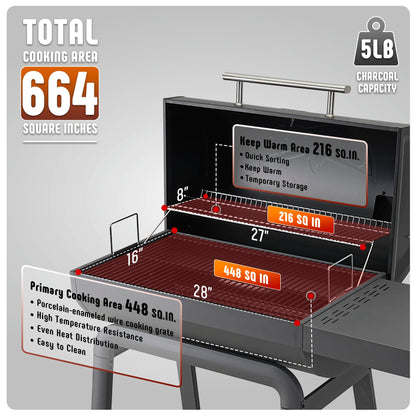 Feasto BBQ Charcoal Grill with Side Table, 30-In Heavy Duty Outdoor BBQ Grill with 664 Sq. In Cooking Area for Outdoor Barbecue in Backyard, Patio and Parties, Black