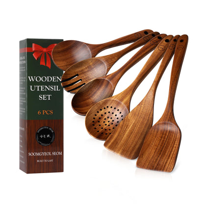 Wooden Spoons for Cooking – 6-12 Piece Teak Wood Cookware Utensil Set with Smooth Finish – Non-Stick, Comfortable Grip – Durable, Heat Resistant Kitchen Utensils (6 PCS Set)