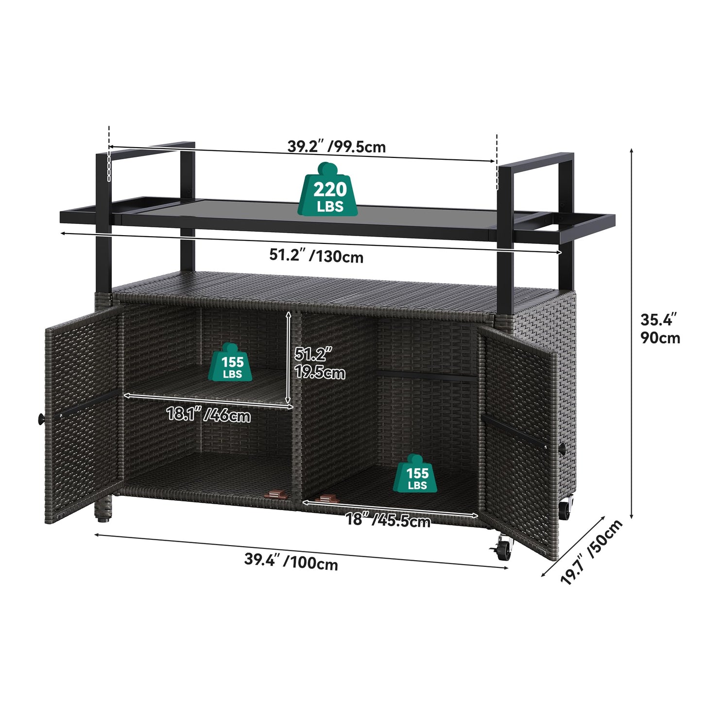 YITAHOME XL Outdoor Storage Cabinet, Outdoor Storage Cart with Wheels and Black Glass Table Top for Patio, Outdoor Cabinet for Poolside and Backyard (Dark Brown)