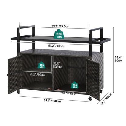 YITAHOME XL Outdoor Storage Cabinet, Outdoor Storage Cart with Wheels and Black Glass Table Top for Patio, Outdoor Cabinet for Poolside and Backyard (Dark Brown)