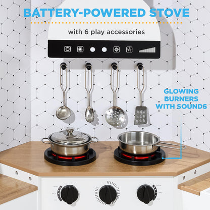 Best Choice Products Pretend Play Corner Kitchen, Ultimate Interactive Wooden Kids Playset w/Lights & Sounds, Ice Maker, Hood - Farmhouse White